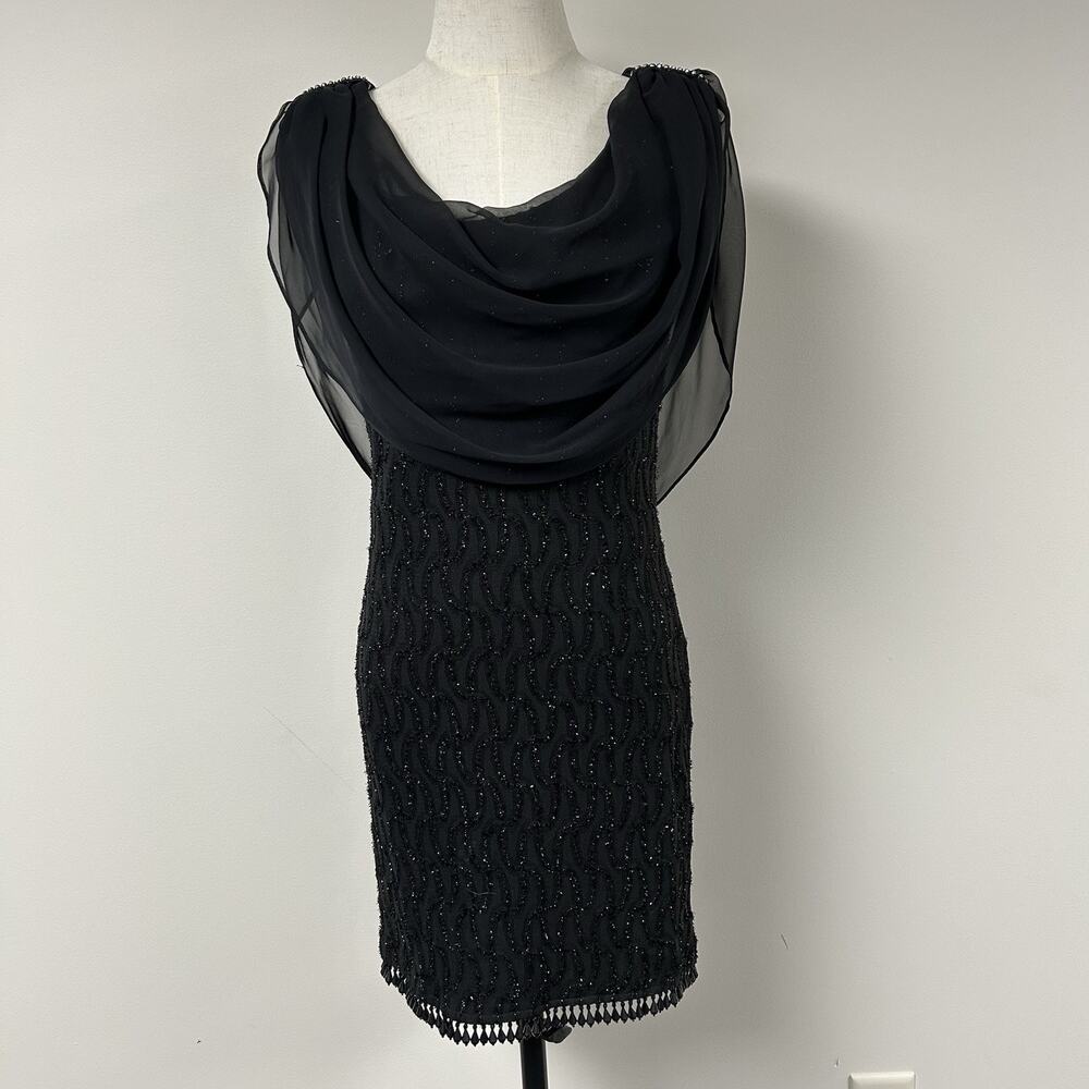 Vintage Legends Black Beaded Cocktail Dress 10‎ Chiffon Cowl Draped Whimsigoth